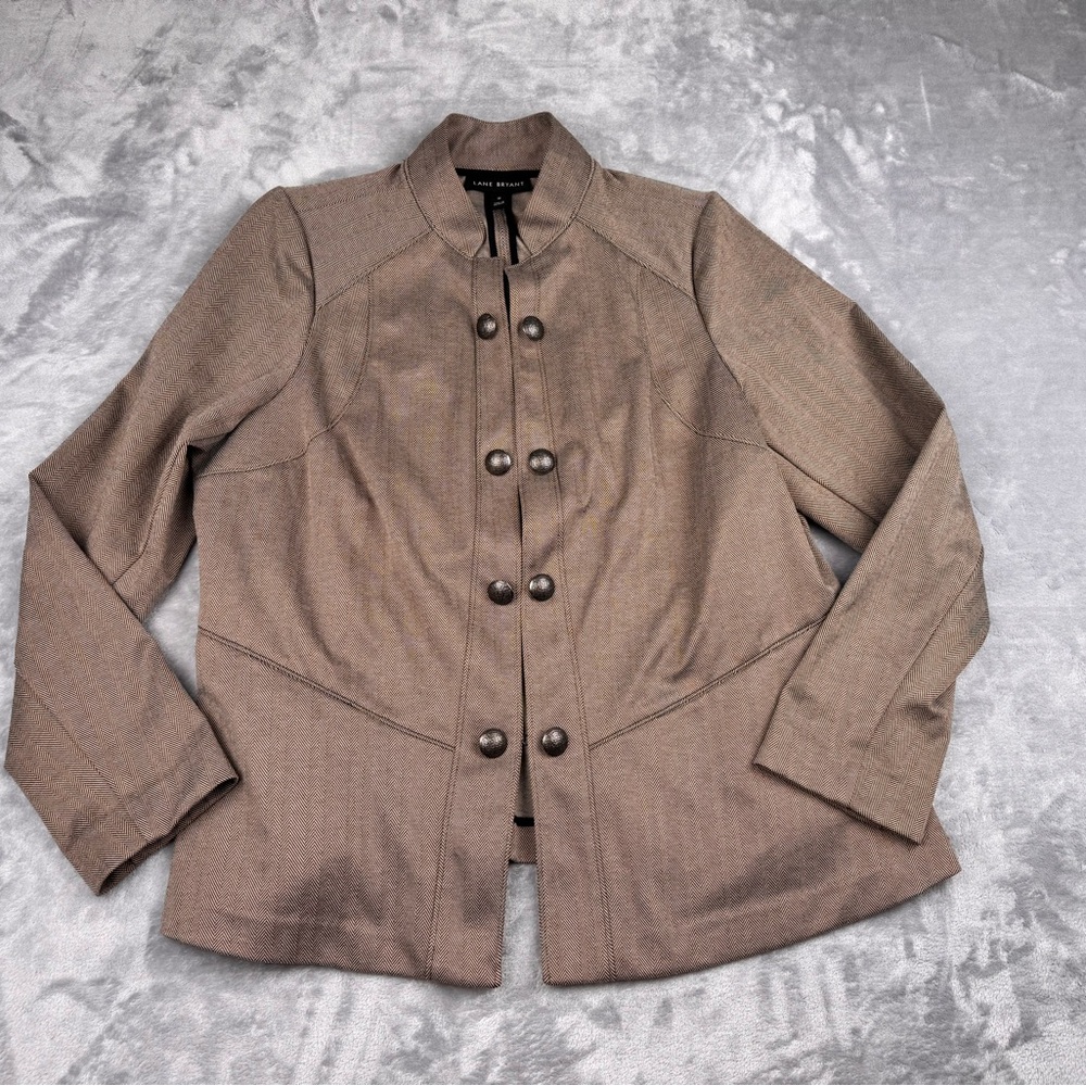 Lane Bryant Jacket 16 Beige Herringbone Stretch Knit Silver Buttons Preppy